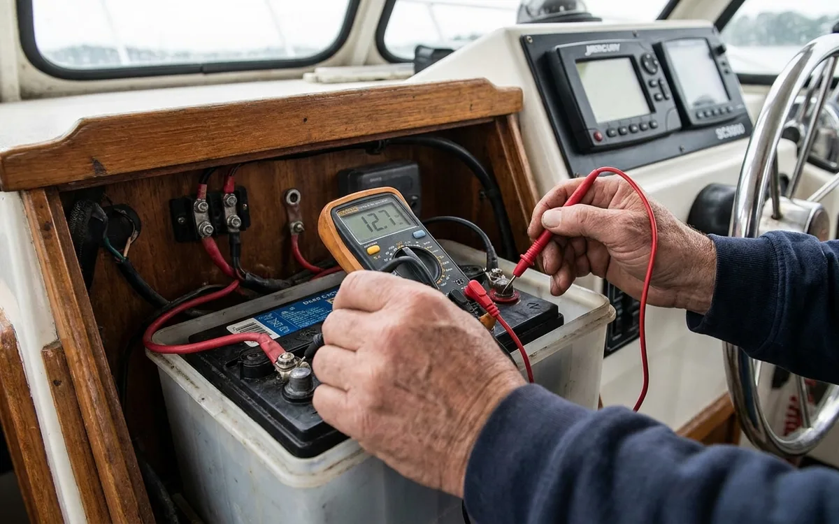 Hands measure rested battery voltage across the positive and negative posts with a multimeter.