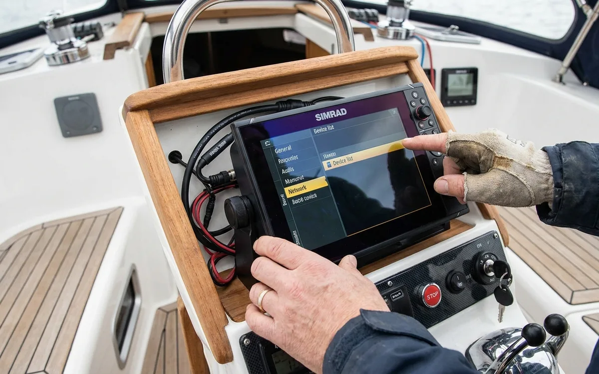 Hands checking that the Mercury interface appears in the Simrad network device list.