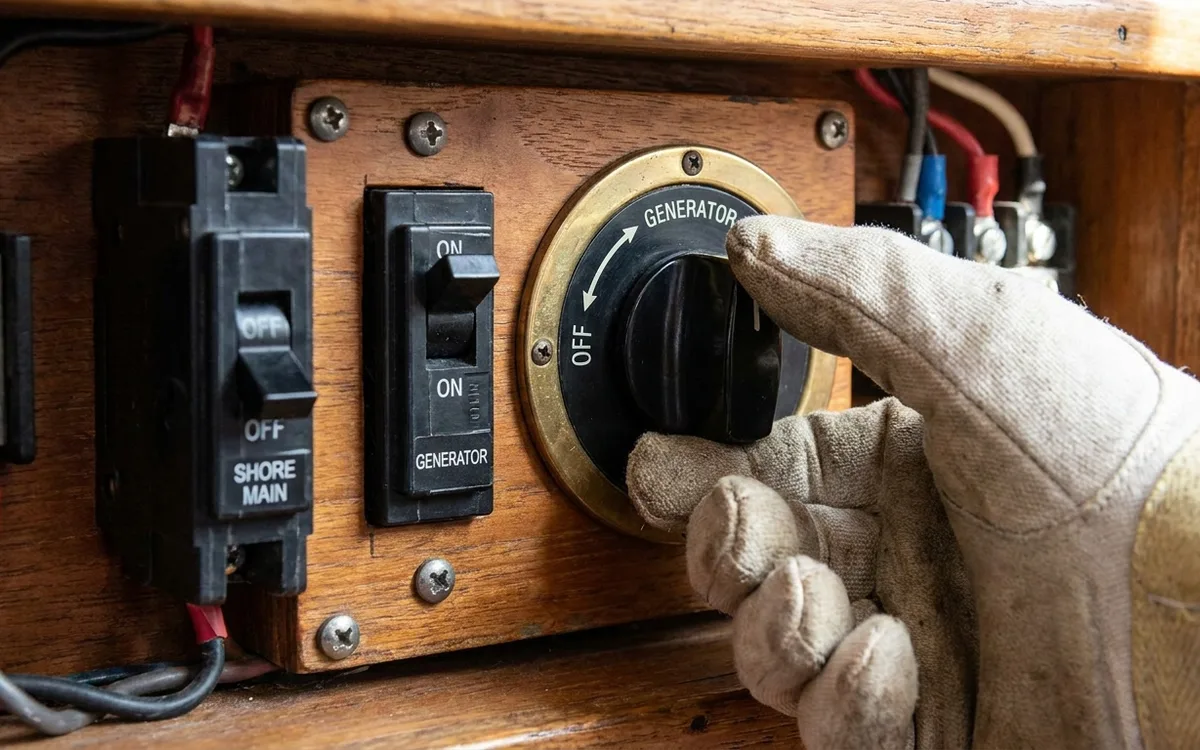 A hand selects GENERATOR on the boat’s transfer switch after shore power is switched off.