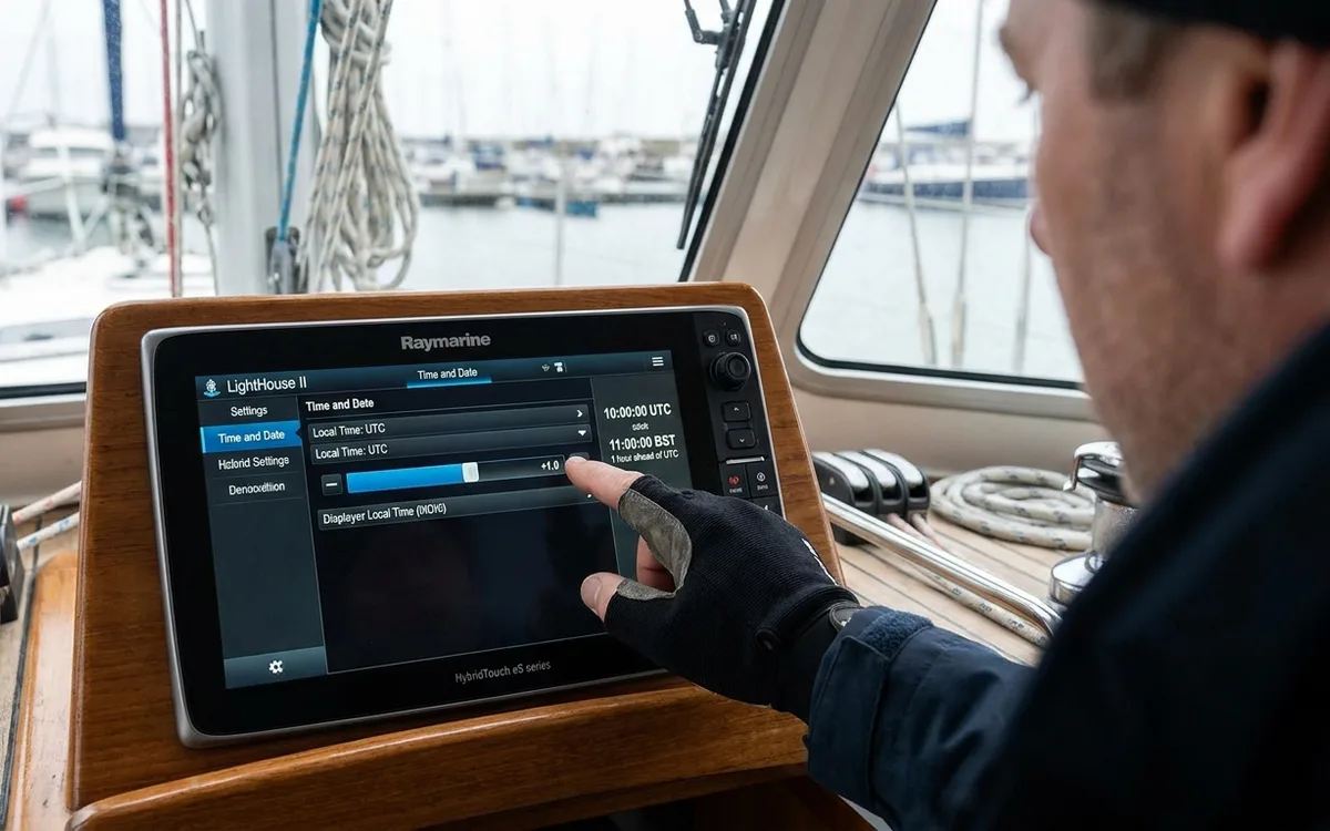 A hand sets Local Time: UTC to +1.0 on a Raymarine eS display’s Time and Date menu.