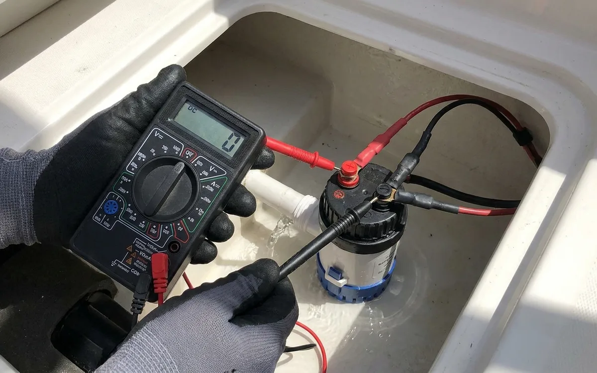 Hands measure across a running bilge pump’s positive and negative terminals with a multimeter set to DC volts.