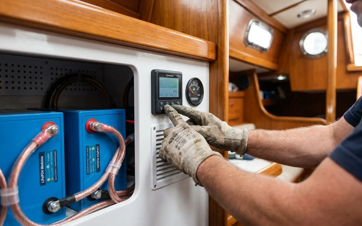 Hands check a marine charger beside a neatly wired lithium battery bank.