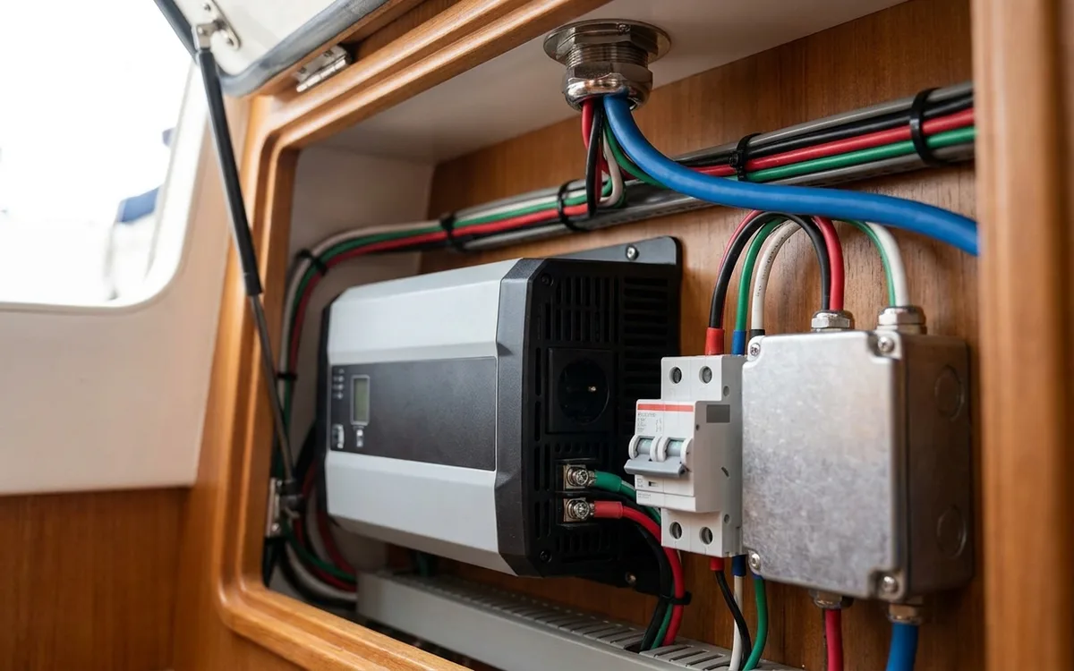 Marine inverter-charger beside an RCBO and galvanic isolator with neatly routed shore-power wiring
