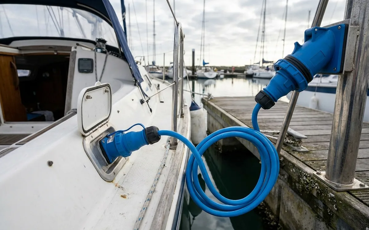 Blue shore-power cable connecting a boat’s weatherproof inlet to a marina pontoon socket.