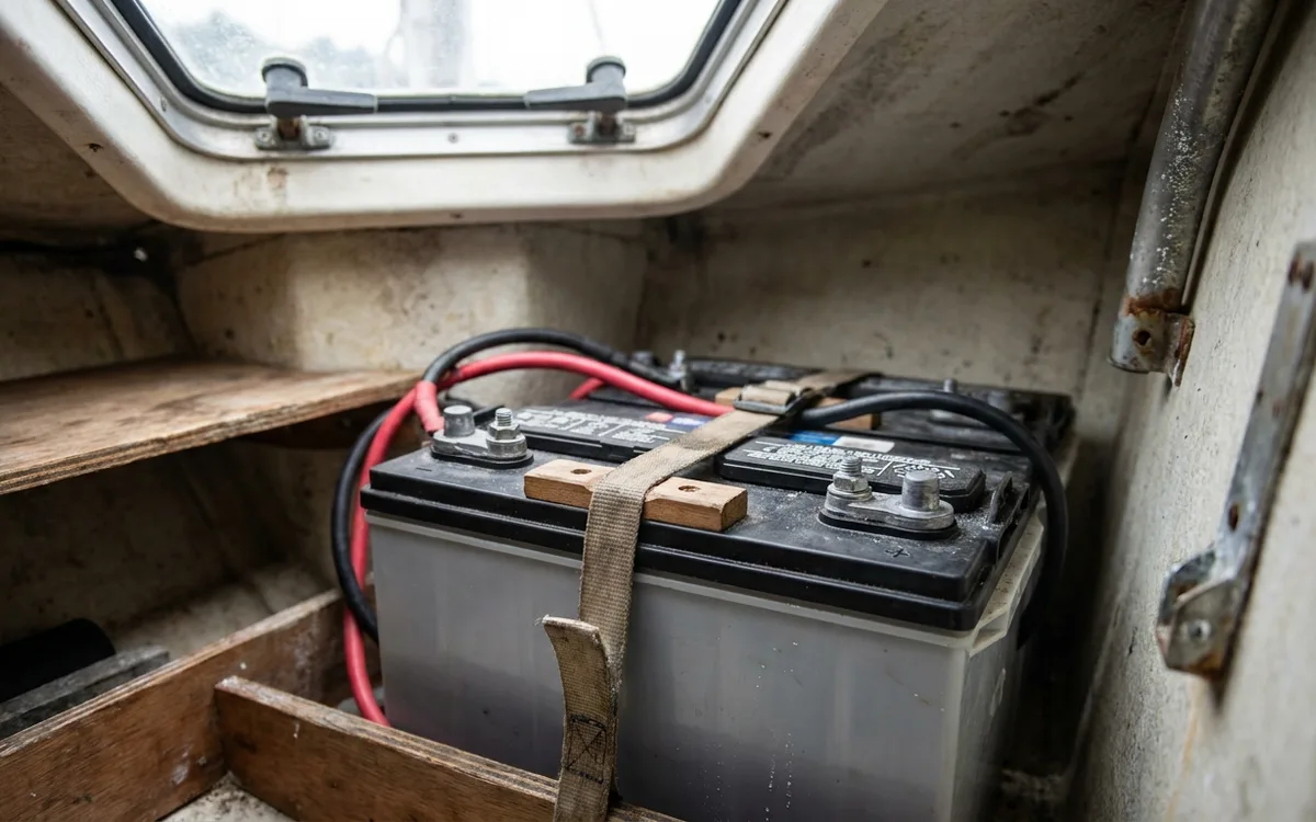 A secured marine battery in a sailboat locker, showing its terminals and connected cables.