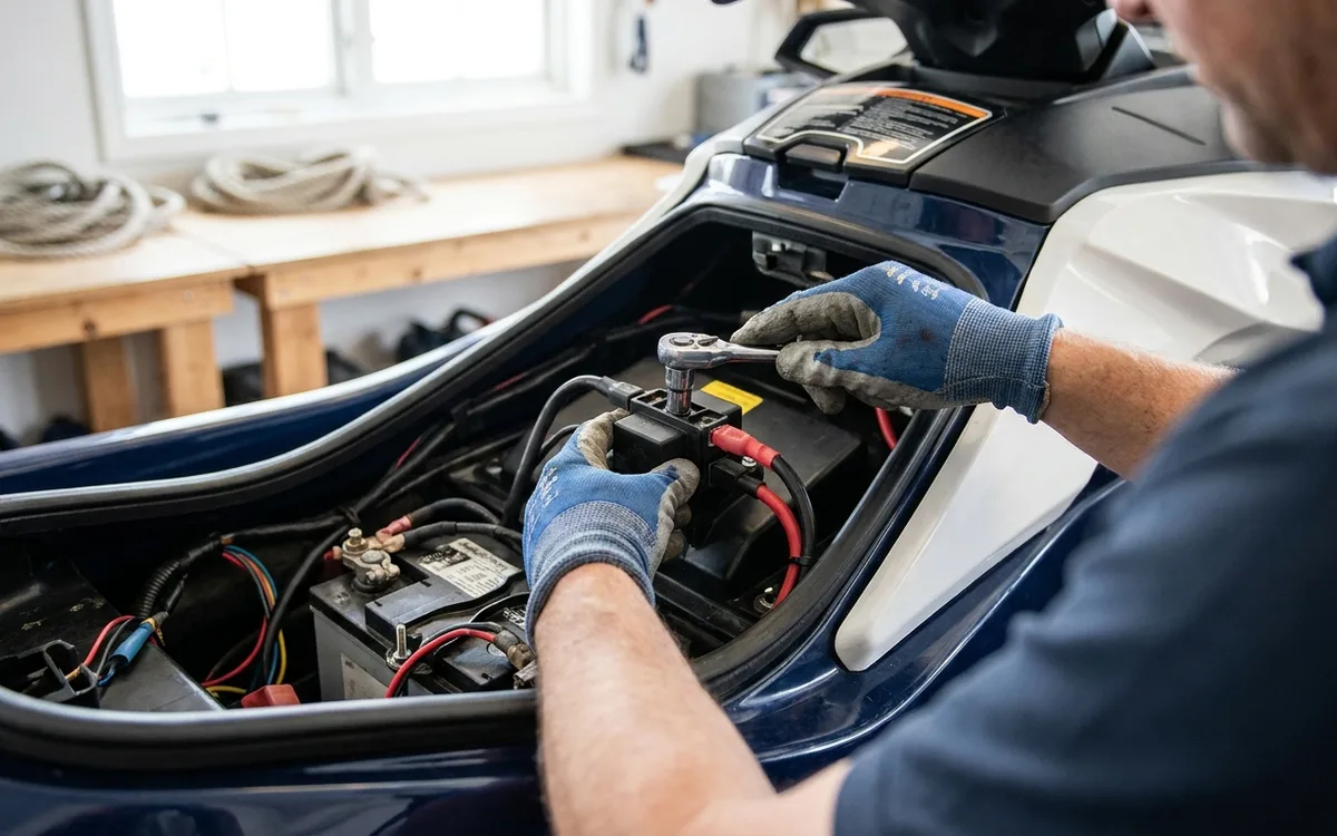 Gloved hands replacing a starter relay in an open Sea-Doo electrical compartment