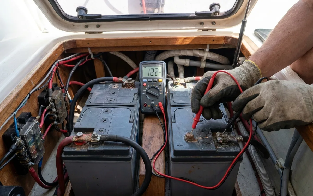 Hands measure 12.2V across the house battery bank with a multimeter.
