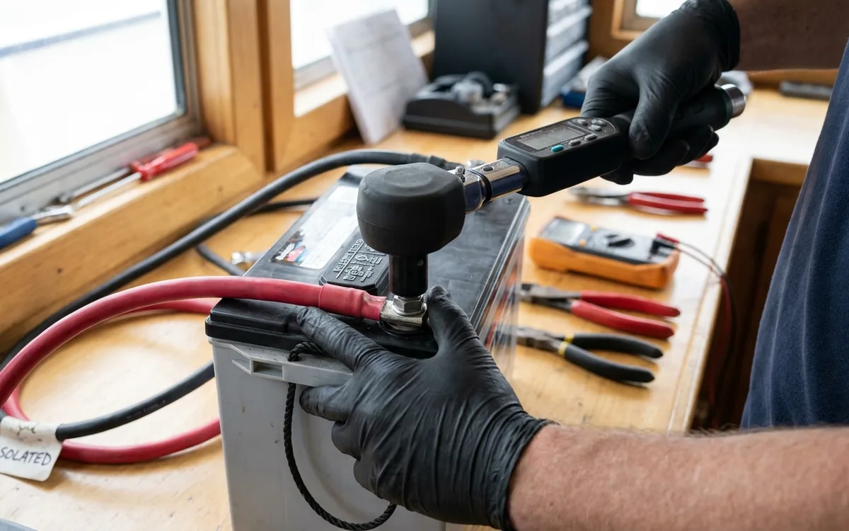 Hands torque a supported battery cable lug to the specified setting with a calibrated wrench.