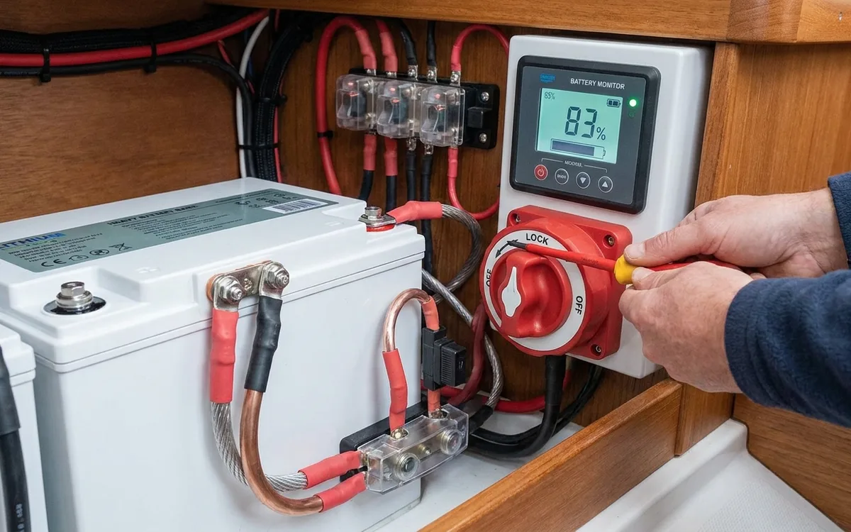 Hands turn the battery safety relay to LOCK OFF after charging the installed lithium bank above 80%.