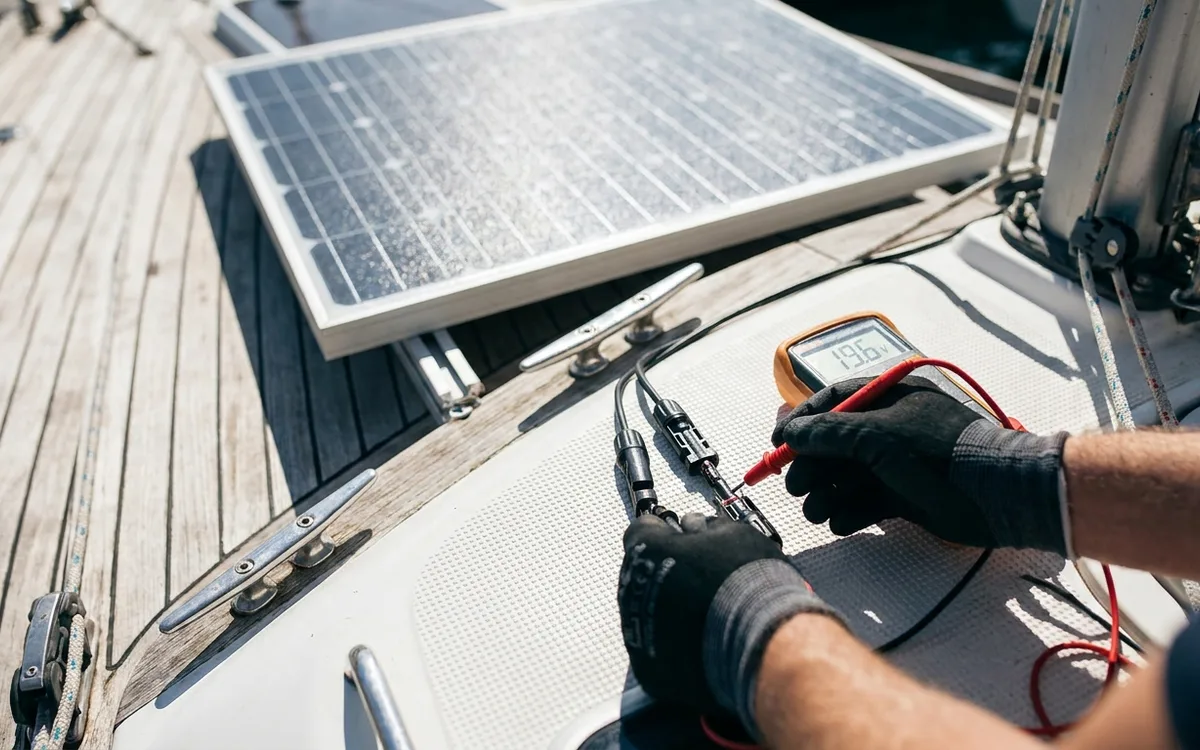 Hands use a digital multimeter to test a marine solar panel at its MC4 connectors.