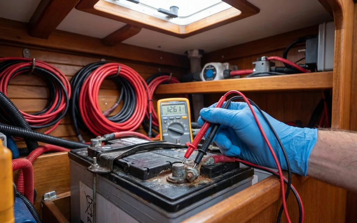 Multimeter reads 12.61 volts across a flooded lead-acid marine battery.