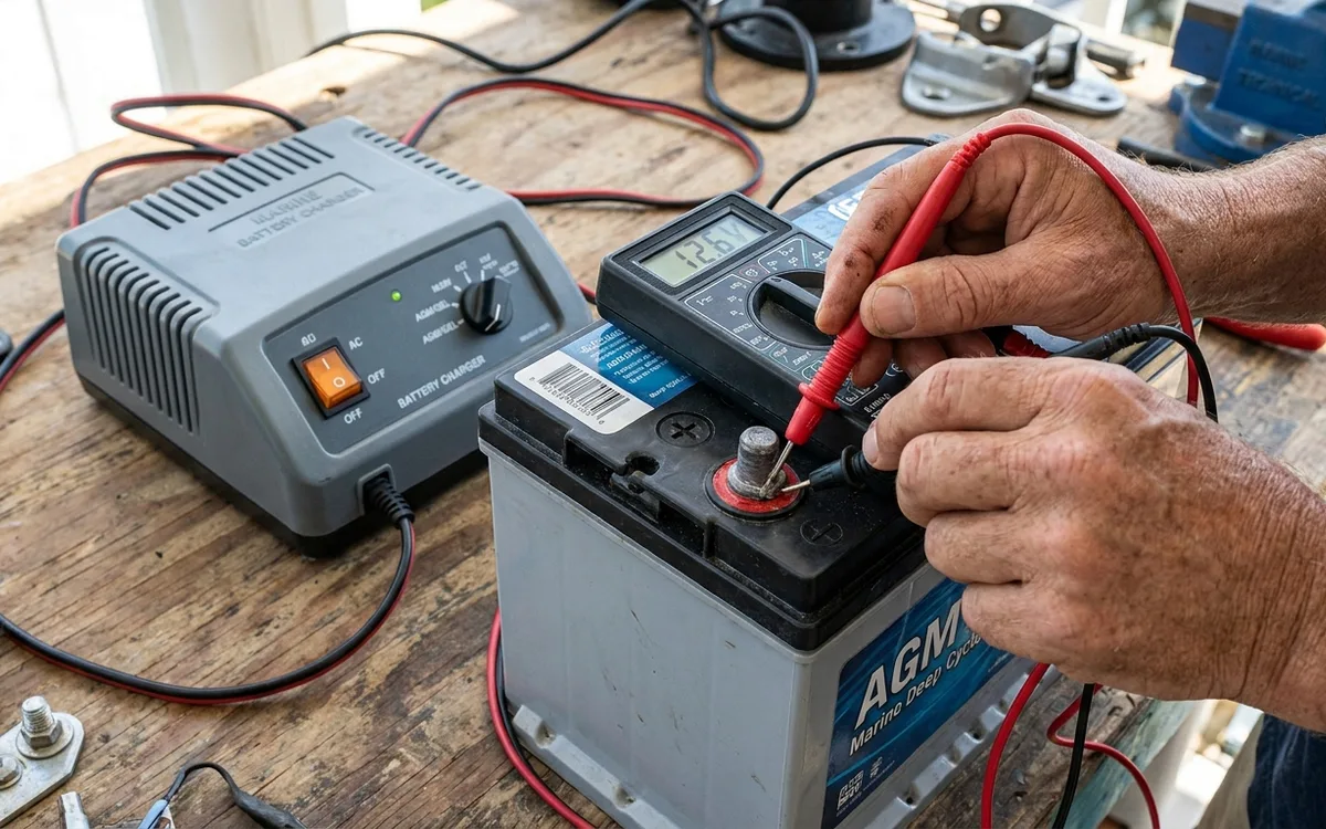 Hands check voltage across a marine battery’s positive and negative posts with a multimeter.