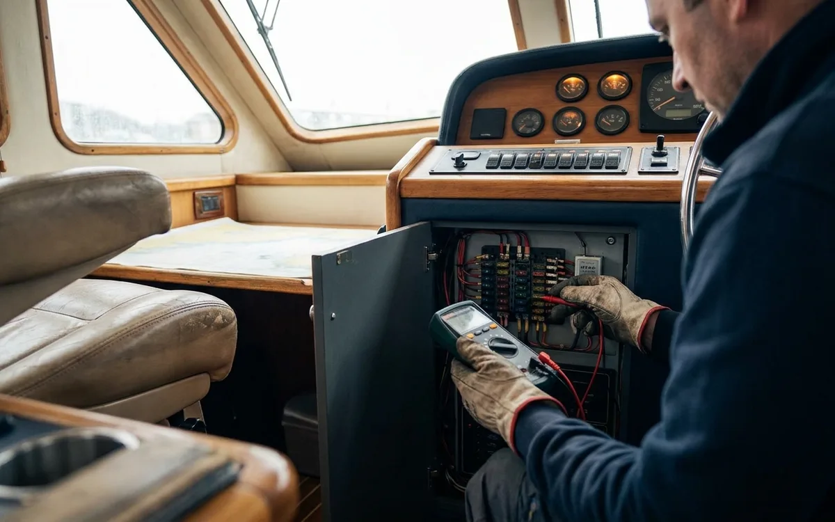 Hands checking the fuse block beneath a Navigator 48 helm dashboard.