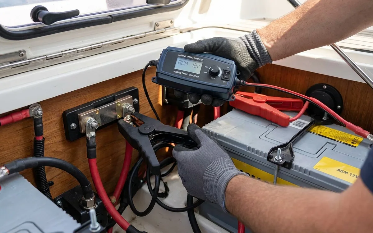 Hands connect a switched-off marine charger with matching battery profile and negative lead on the shunt’s system side.