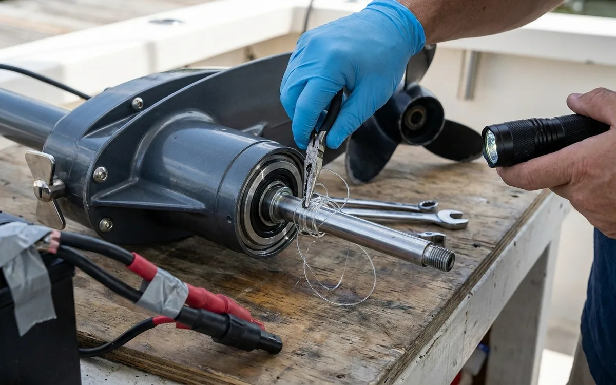 Gloved hands remove fishing line from behind a Terrova propeller at the shaft seal.