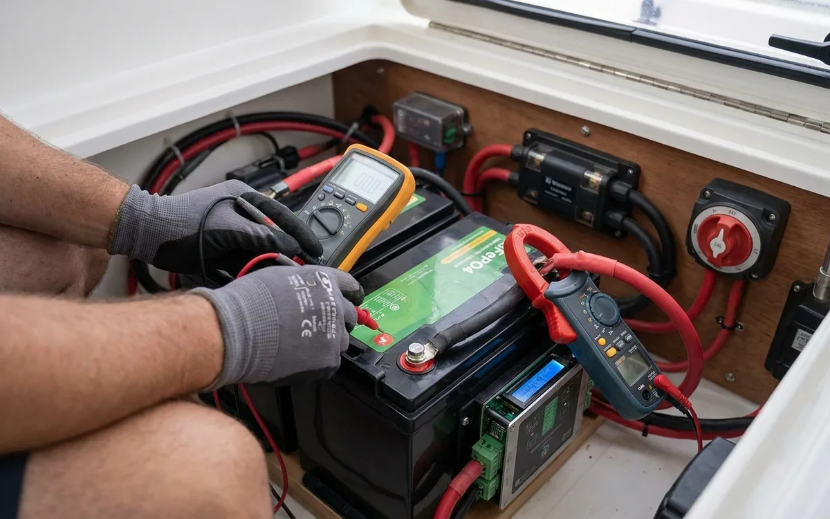 Hands verify battery voltage and motor current before connecting a compatible LiFePO4 bank.