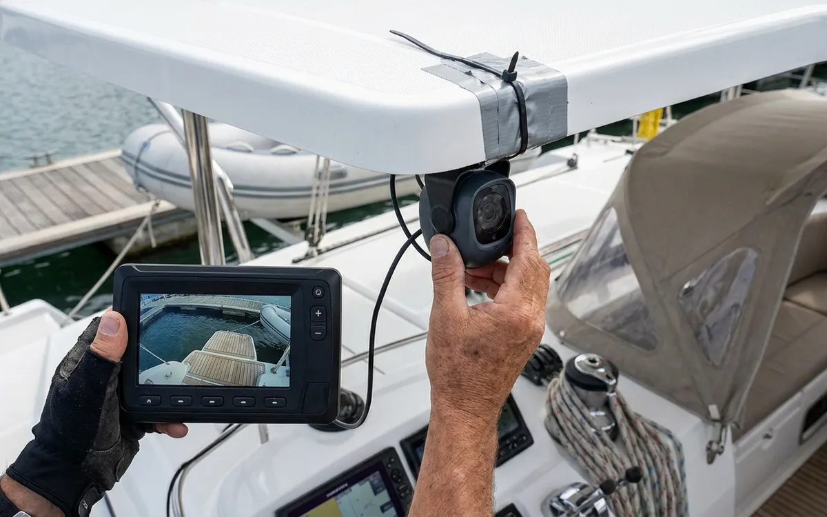 Hands aim a temporary stern camera so the chartplotter shows the hull corner, platform, water and pontoon.