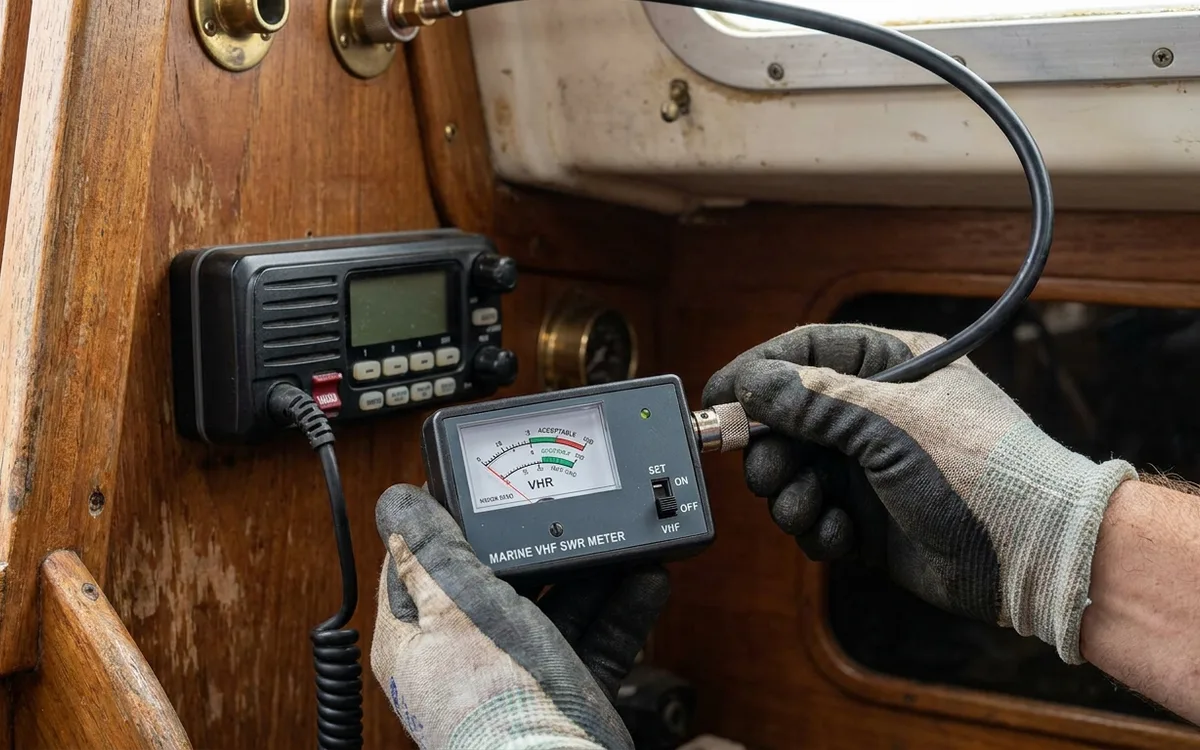 Hands check a sailboat’s VHF aerial and coax with an inline SWR meter before installation.