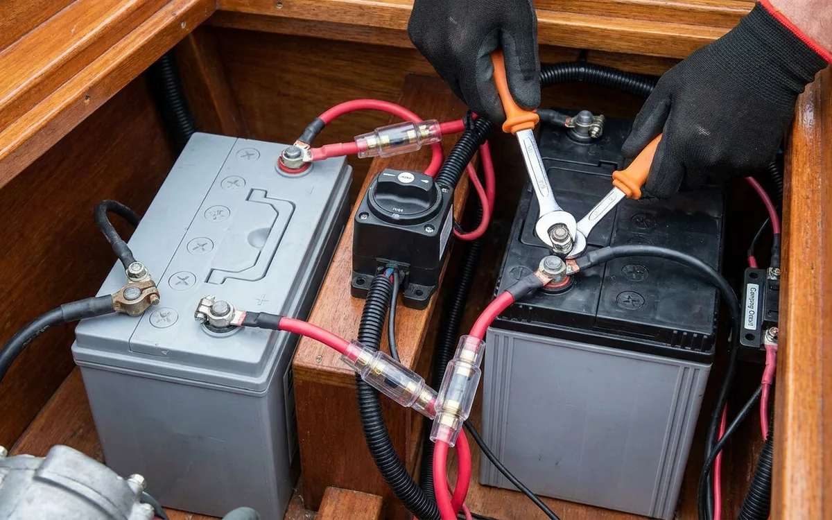 Hands fit a fused voltage-sensitive relay between separate starter and house batteries.