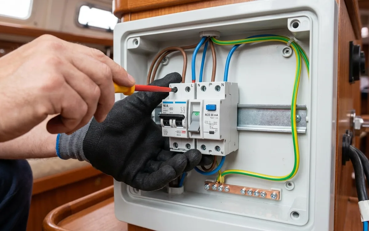 Hands install a 16 A double-pole breaker and 30 mA RCD while leaving the earth conductor continuous.
