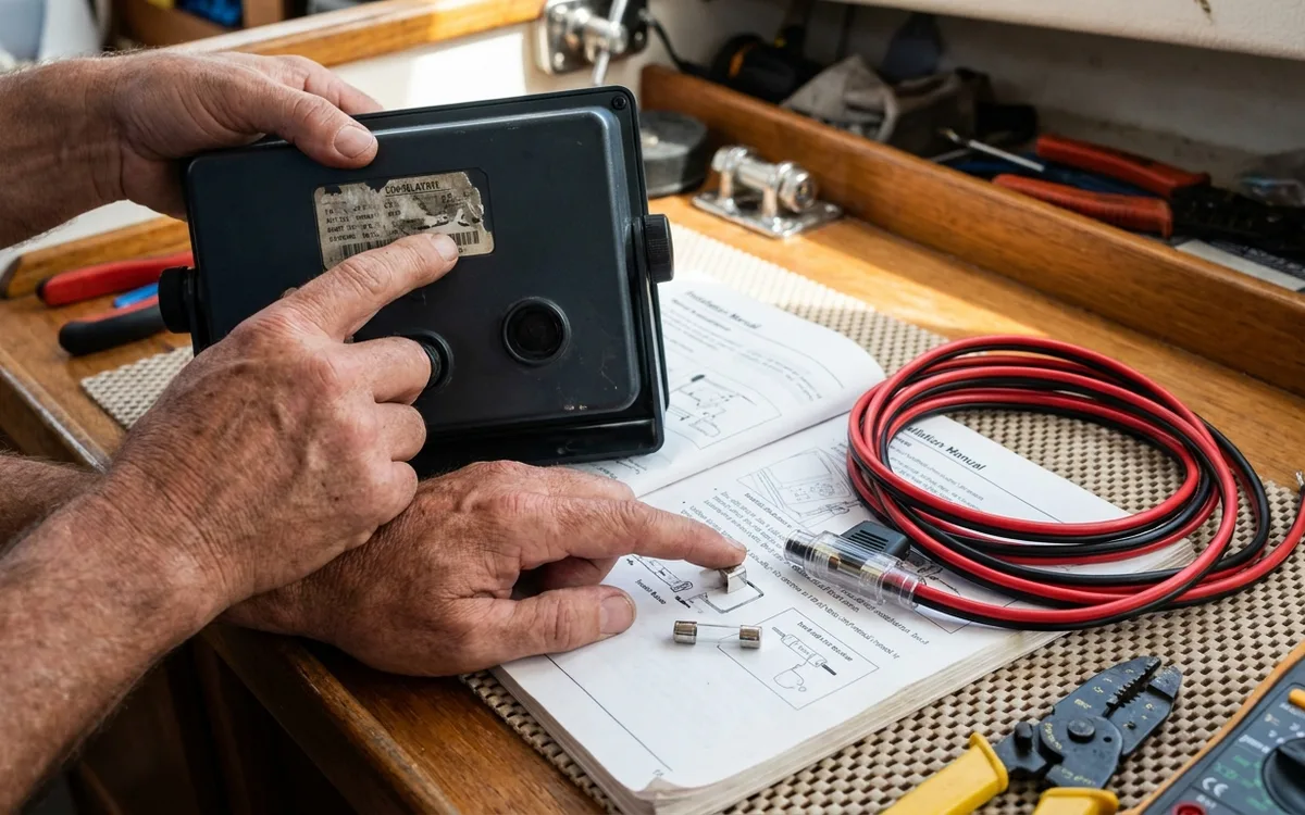 Hands check the chartplotter model and match its specified fuse before fitting it in the inline holder.