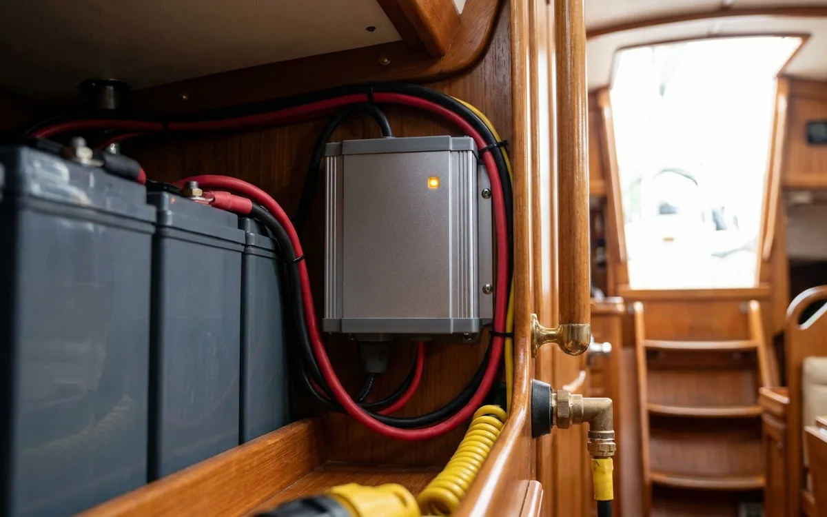 Marine charger connected by cables to a sailboat’s battery bank