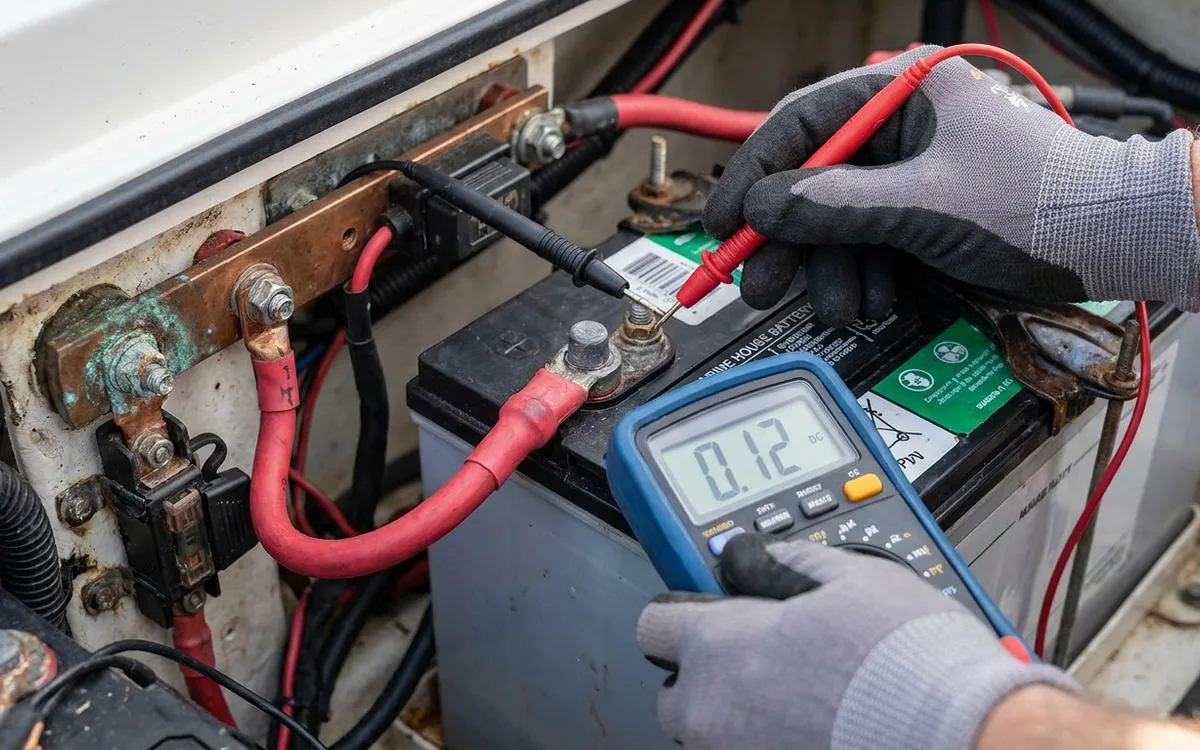 Hands check voltage drop from a boat battery post to its busbar with a multimeter under load.