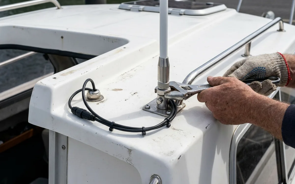 Hands tighten a roof mount to hold a 2.4 m VHF antenna upright and clear of nearby metal.