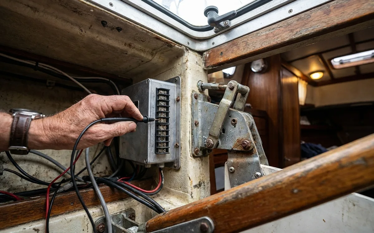 Voltage check at an autopilot course computer beside the rudder linkage