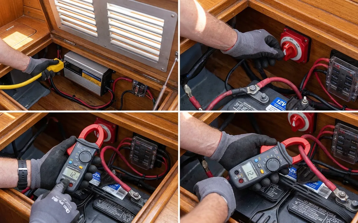 Hands use a zeroed DC clamp meter around one battery cable to measure current draw.