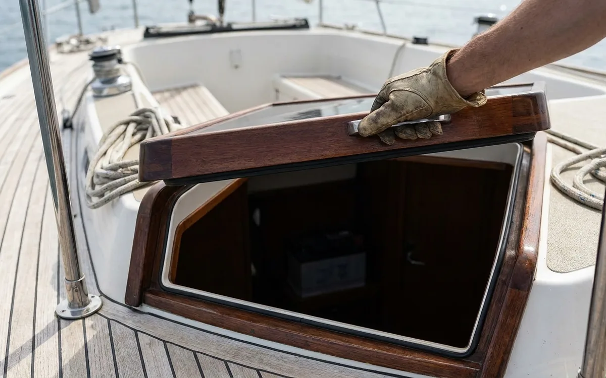 A gloved hand opens the boat’s companionway hatch from outside to ventilate the battery area.