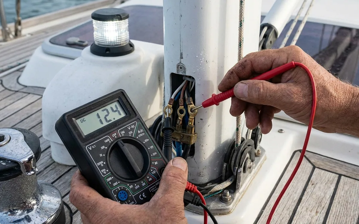 Hands measure DC voltage across the anchor-light feed at the mast-base connector while the light flickers.