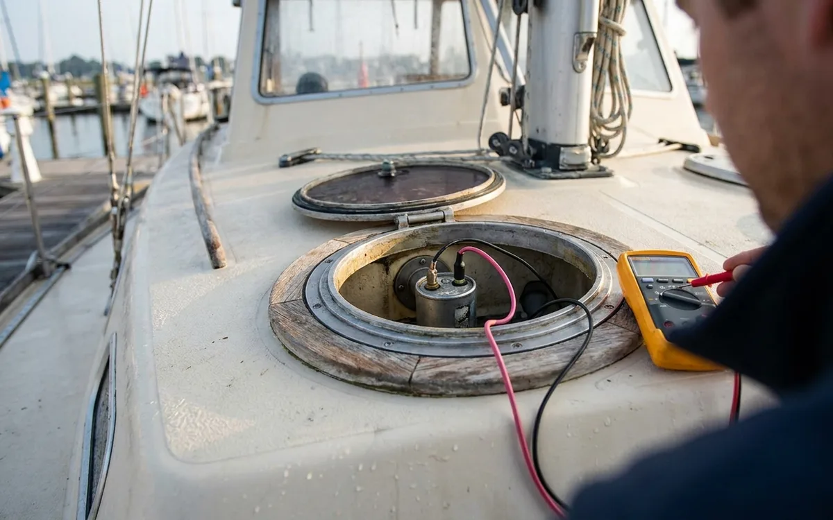 Open deck hatch reveals a cylindrical fuel sender and wiring being checked with a multimeter.