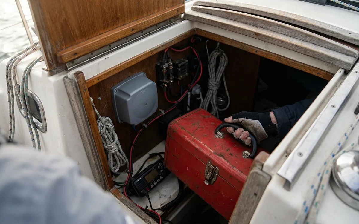 A steel toolbox beside a boat’s heading sensor, illustrating magnetic interference