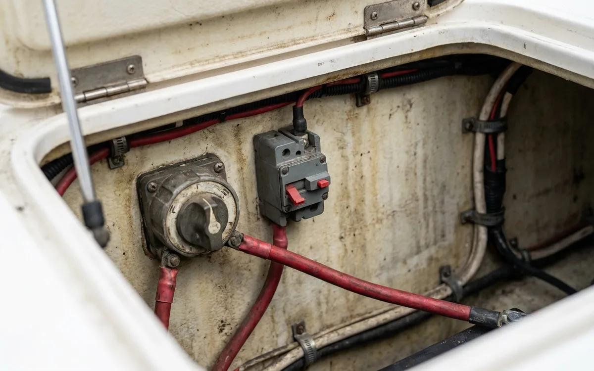 A dropped inline breaker beside the battery selector in a Sea Ray engine compartment.