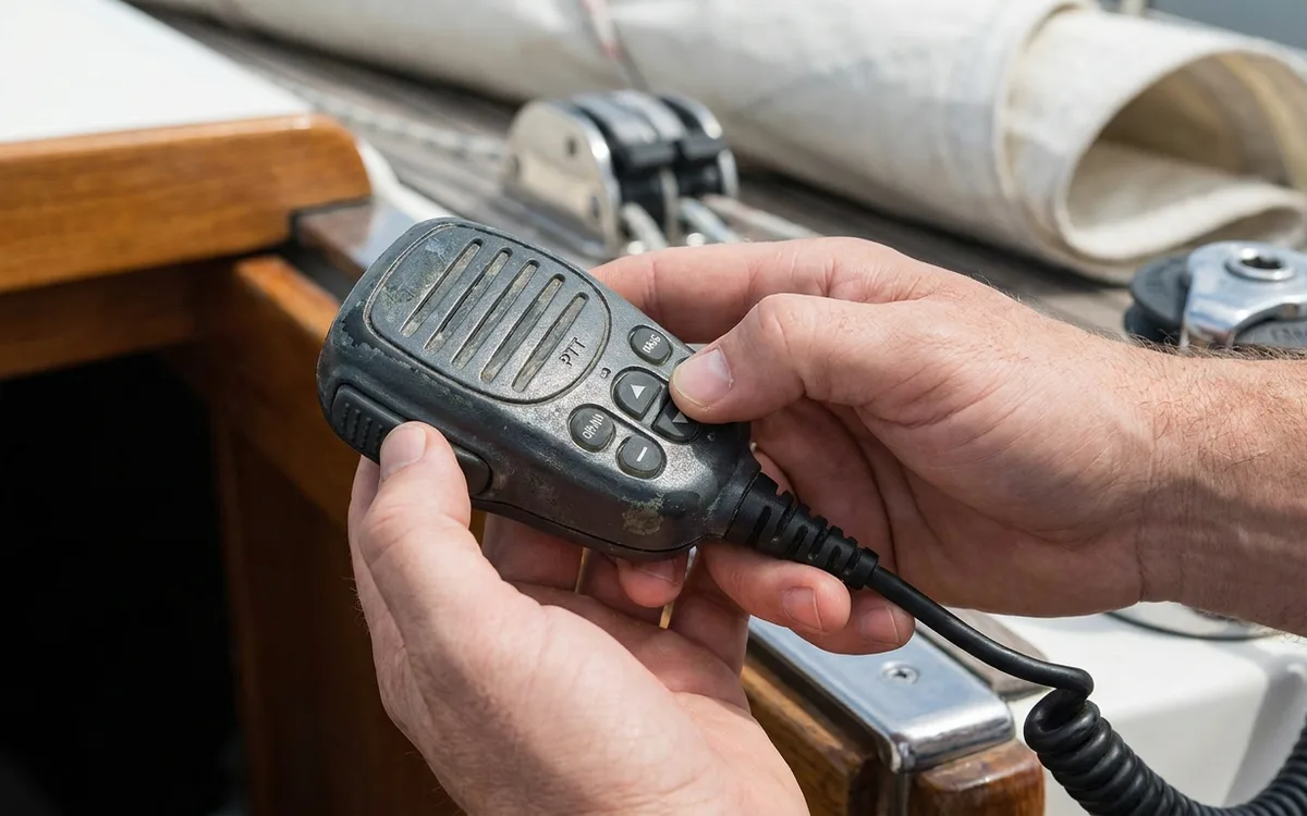 Hands compare the VHF mic’s channel buttons, checking that each returns freely after a light press.