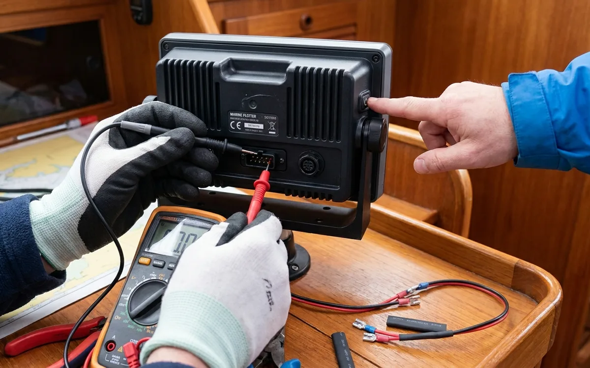 Hands measure voltage at a chartplotter’s rear power connector during startup.