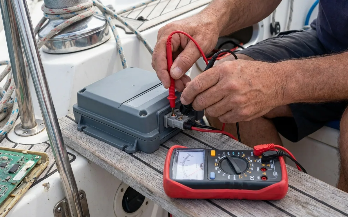Hands measure voltage directly at the powered AIS transponder’s power connector with multimeter probes.