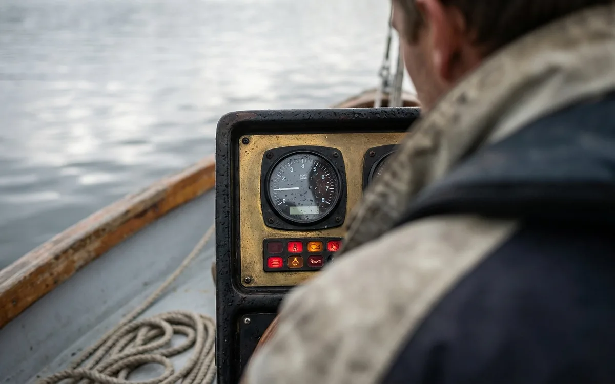 Marine engine gauges with warning lights glowing as the boat sits on calm water.