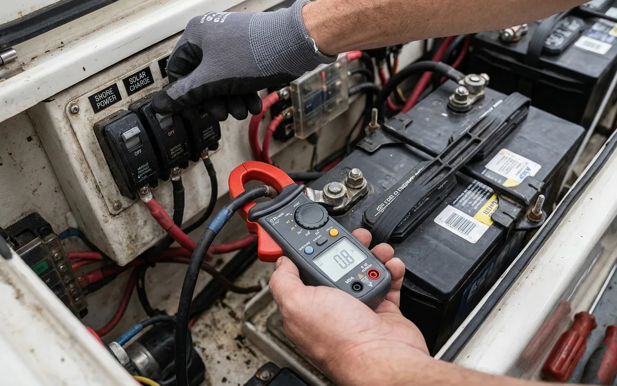 A DC clamp meter measures current around one domestic battery cable with charging switched off.