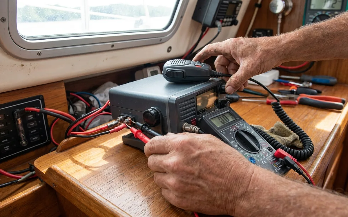 A multimeter checks voltage at a connected VHF radio as its push-to-talk button is briefly pressed.