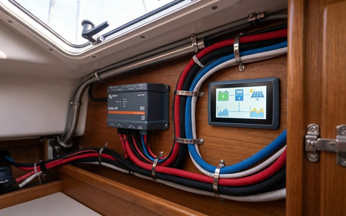 Cerbo GX MK2 beside a touchscreen showing a modern marine energy dashboard