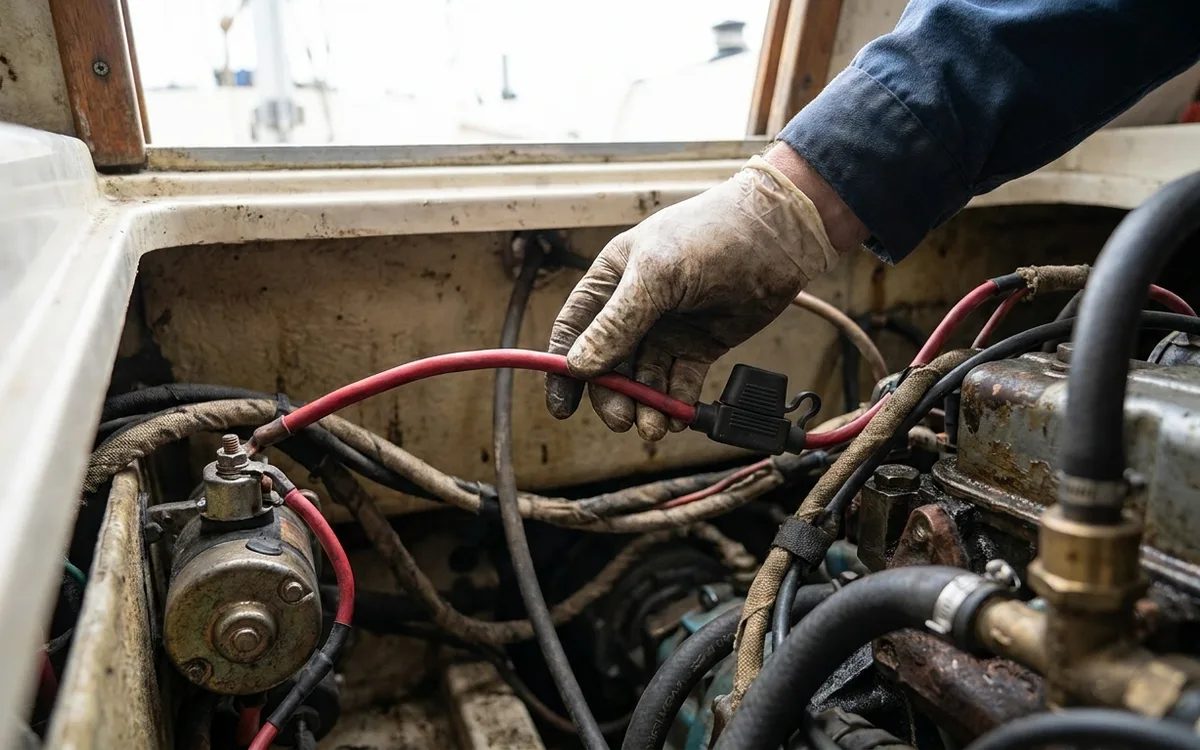 Red harness wire and hidden inline fuse beside an older sailboat’s starter motor
