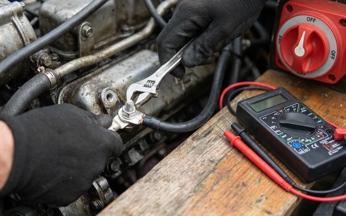 Hands cleaning and tightening the battery negative cable at the engine earth stud.