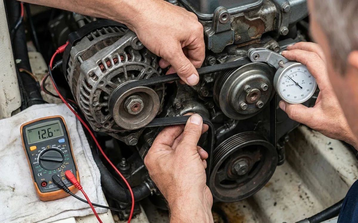 Hands checking alternator belt tension with a gauge while the engine is stopped.