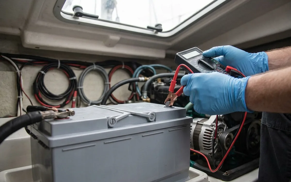 A multimeter checks for a parasitic drain at a new marine battery’s negative terminal.