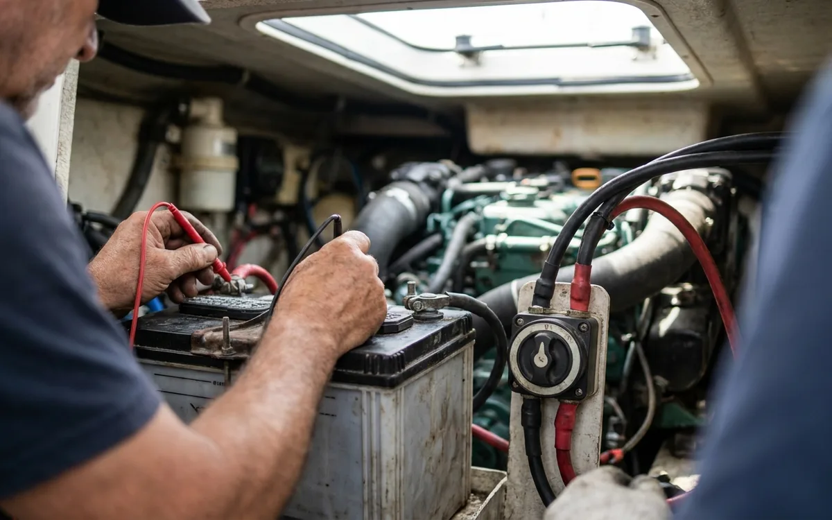 Hands checking a boat start battery with a multimeter beside the isolator switch.