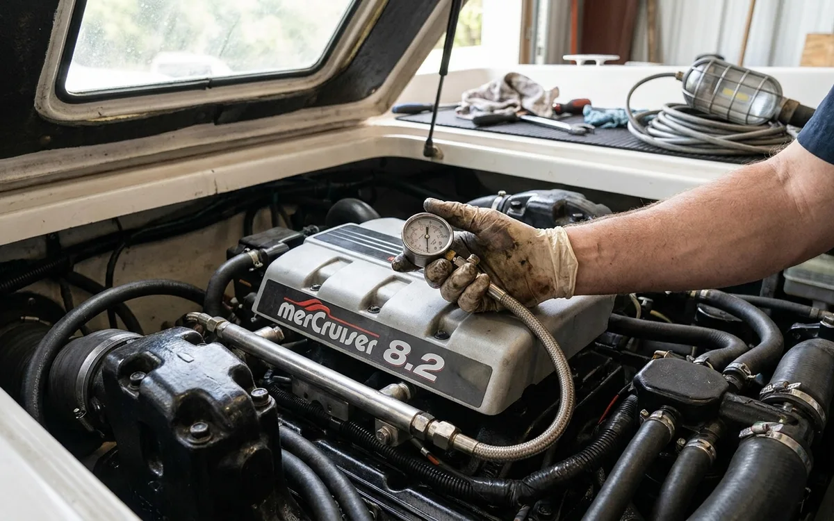 Fuel pressure gauge connected to a dry regulator in a MerCruiser engine compartment