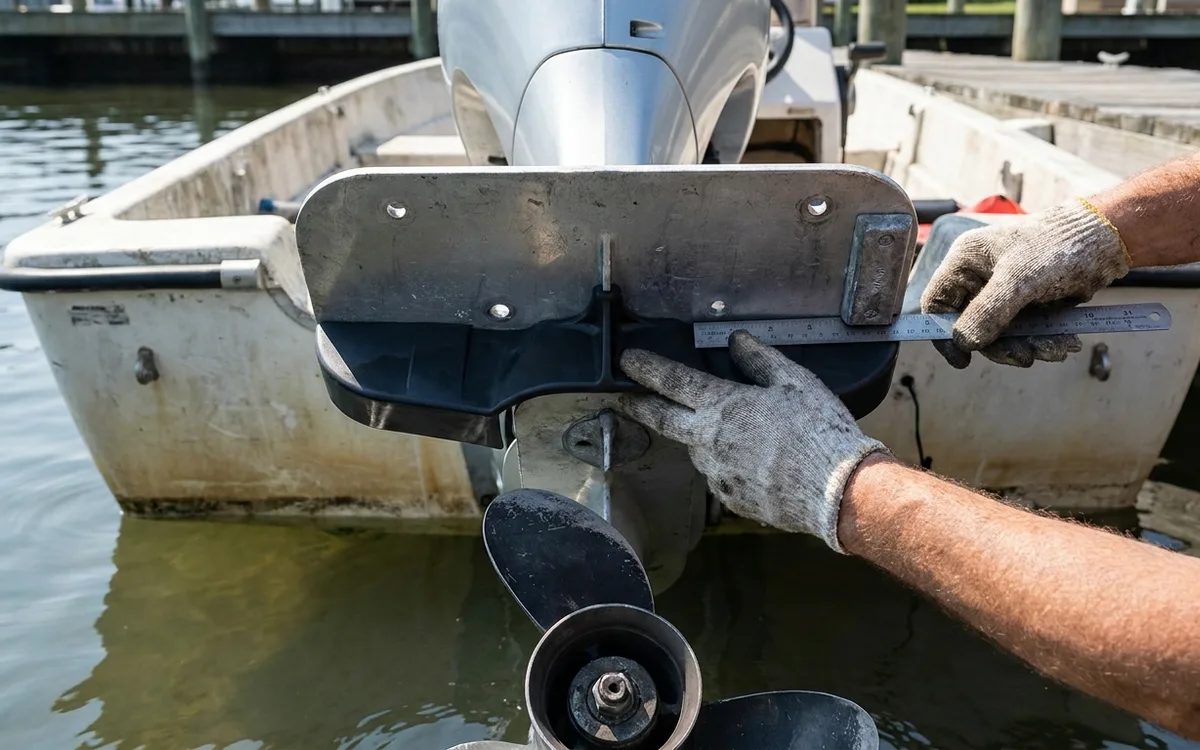 Hands test-fit a hydrofoil centered on an outboard’s anti-ventilation plate, checking anode clearance.