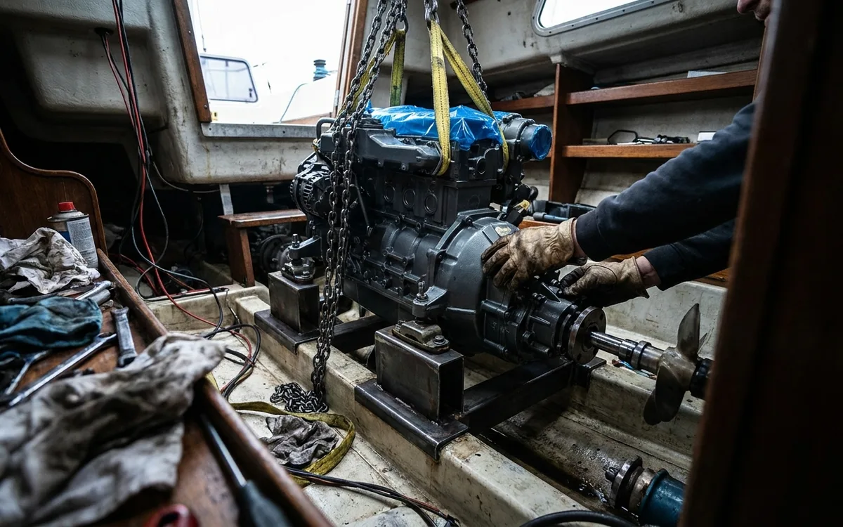 A diesel engine hangs above modified engine beds inside a sailboat during installation.
